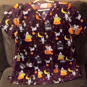 Cherokee Purple Halloween Print Scrub Top